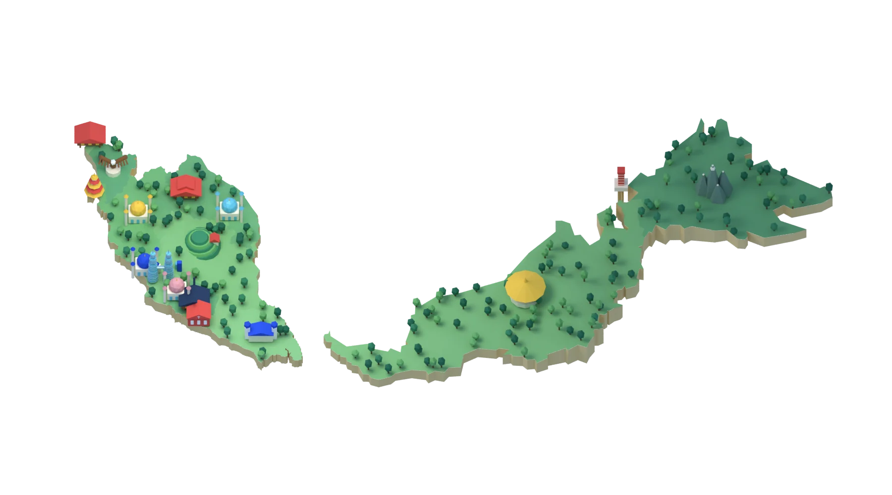 Blender miniature of Malaysia with green terrain, state landmarks and tropical trees